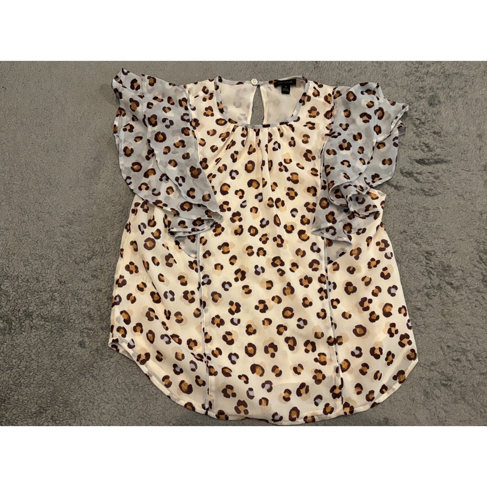 Ann Taylor Blouse Womens XS Leopard Print White Flutter Sleeve Casual Animal